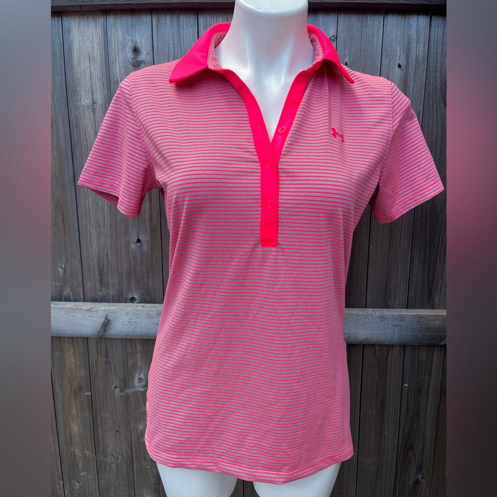 Under Armour Hot Pink and Grey Striped Polo Golf Tee